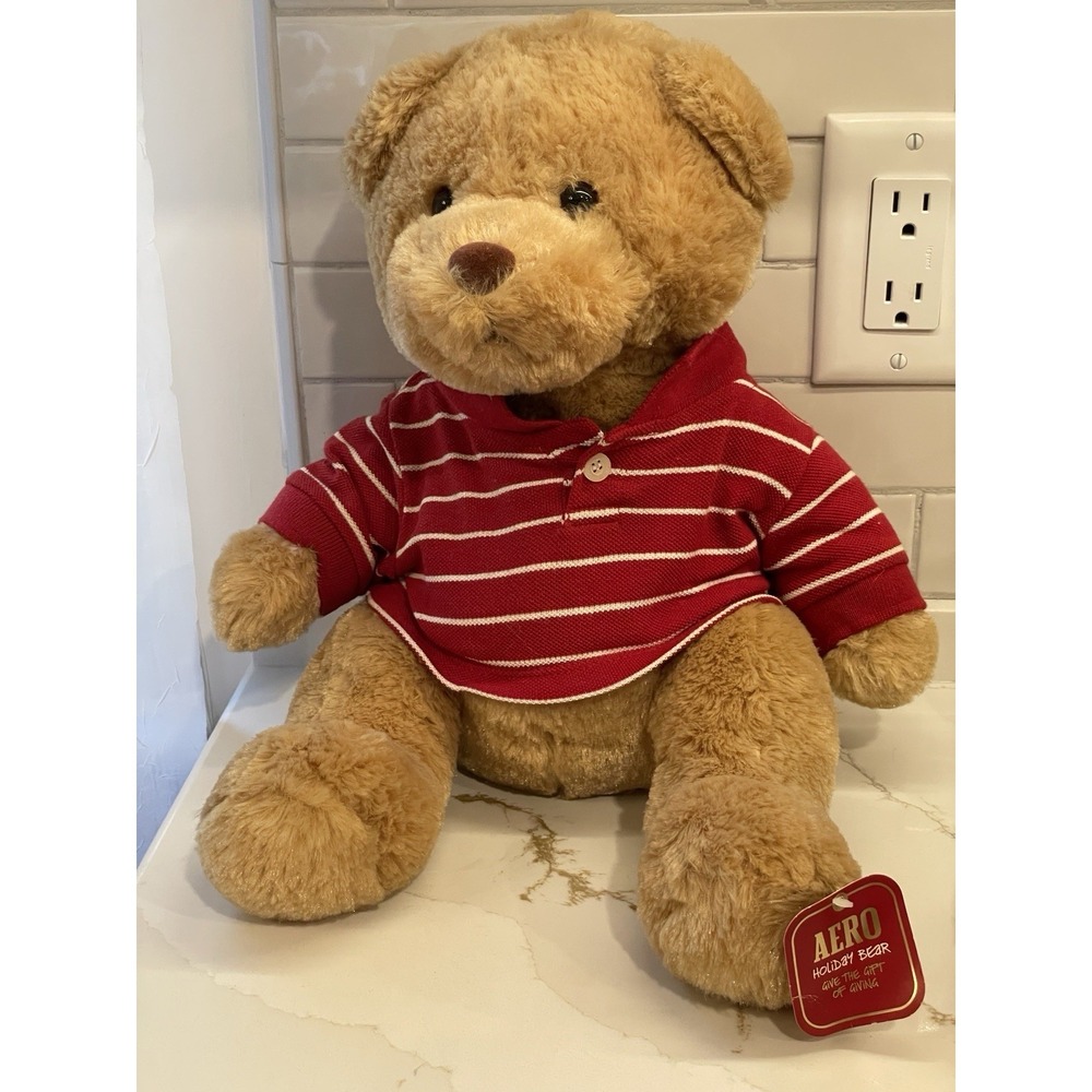 Vtg Y2K Aeropostale AERO Teddy Bear‎ Polo Shirt Red White Plush Toy Stuffy New